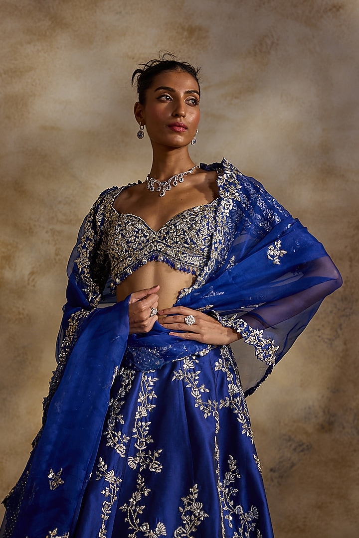 Electric Blue Taffeta Floral Embroidered Bridal Lehenga Set by NITIKA GUJRAL at Pernia's Pop Up Shop
