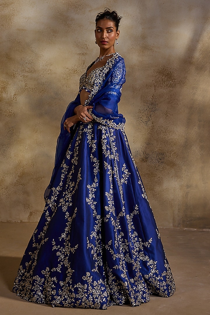 Electric Blue Taffeta Floral Embroidered Bridal Lehenga Set by NITIKA GUJRAL at Pernia's Pop Up Shop