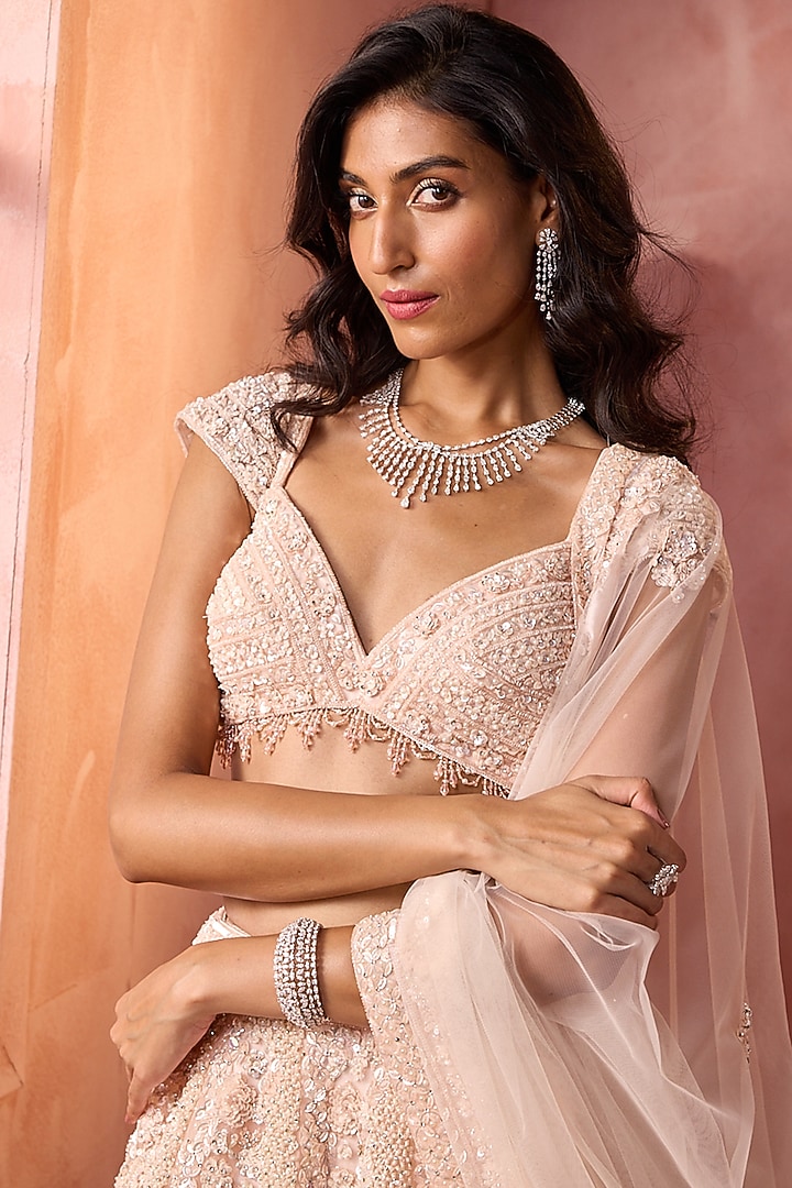 Blush Pink Tulle Sequins Embroidered Bridal Lehenga Set by NITIKA GUJRAL at Pernia's Pop Up Shop