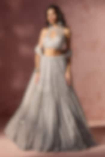 Silver Grey Net Metallic Beads Embroidered Bridal Lehenga Set by NITIKA GUJRAL at Pernia's Pop Up Shop