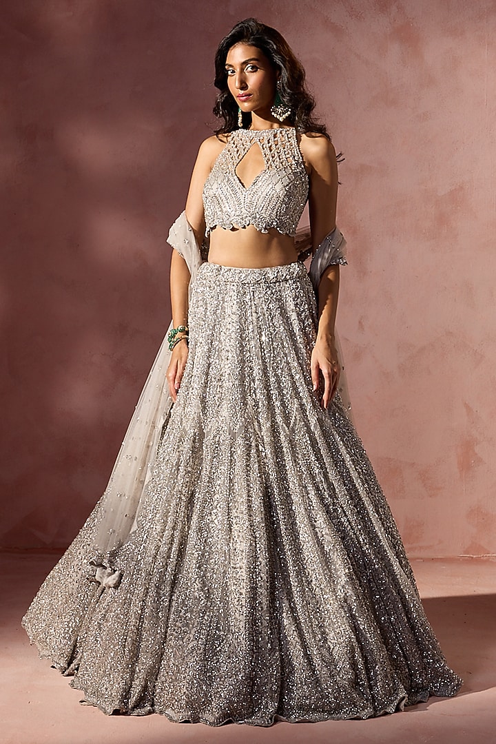 Silver Grey Net Metallic Beads Embroidered Bridal Lehenga Set by NITIKA GUJRAL at Pernia's Pop Up Shop