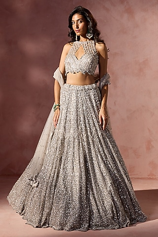 Silver Grey Net Metallic Beads Embroidered Lehenga Set by NITIKA GUJRAL