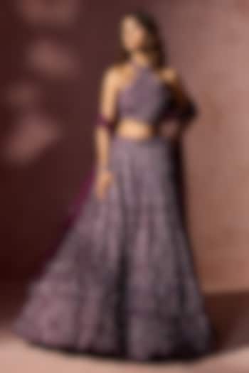 Wine Net Sequins & Beads Embroidered Bridal Lehenga Set by NITIKA GUJRAL at Pernia's Pop Up Shop