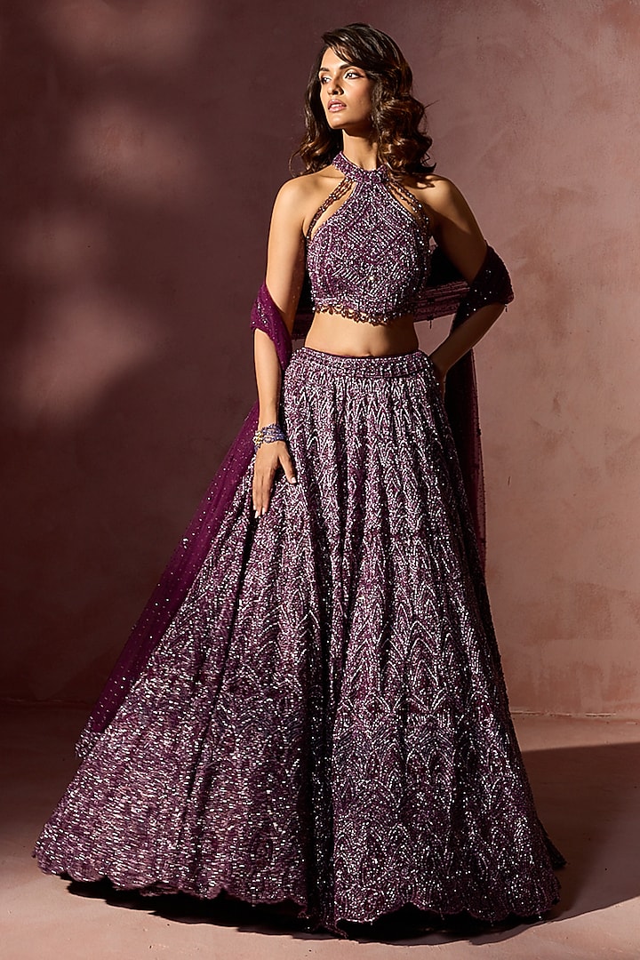 Wine Net Sequins & Beads Embroidered Bridal Lehenga Set by NITIKA GUJRAL at Pernia's Pop Up Shop