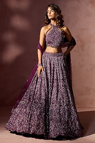 Wine Net Sequins & Beads Embroidered Lehenga Set by NITIKA GUJRAL