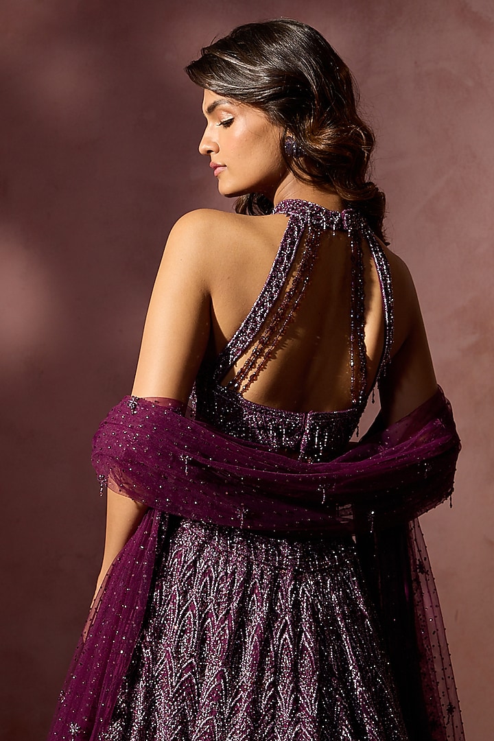 Wine Net Sequins & Beads Embroidered Bridal Lehenga Set by NITIKA GUJRAL at Pernia's Pop Up Shop