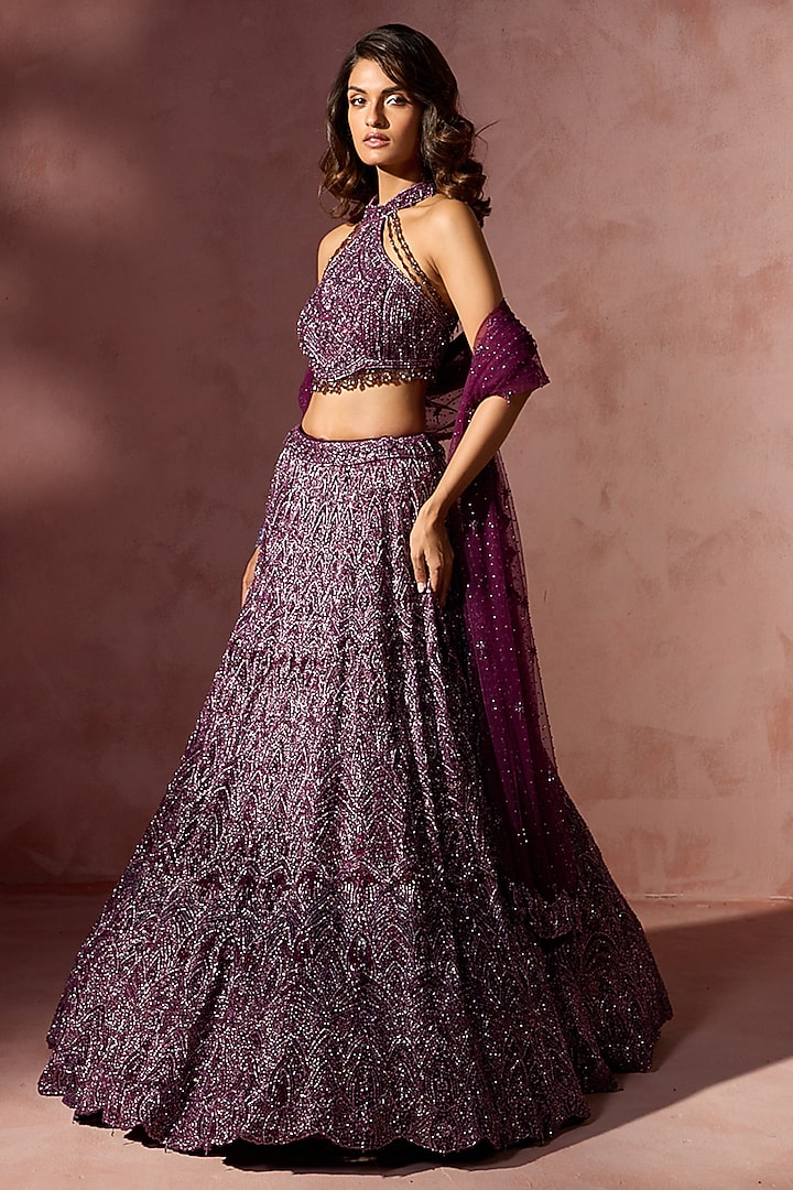 Wine Net Sequins & Beads Embroidered Bridal Lehenga Set by NITIKA GUJRAL at Pernia's Pop Up Shop
