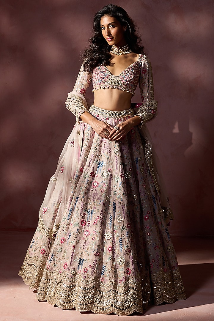 Dusty Pink Organza Applique Embroidered Bridal Lehenga Set by NITIKA GUJRAL at Pernia's Pop Up Shop