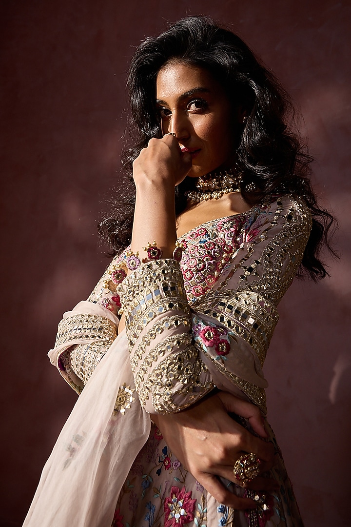 Dusty Pink Organza Applique Embroidered Bridal Lehenga Set by NITIKA GUJRAL at Pernia's Pop Up Shop