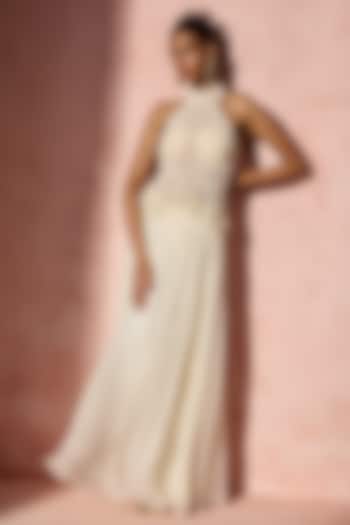 Ivory Chiffon Pleated Skirt Set by NITIKA GUJRAL at Pernia's Pop Up Shop