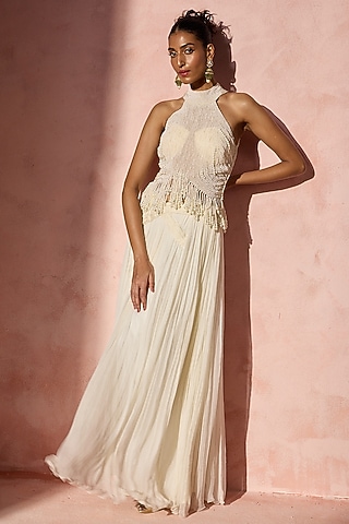 Ivory Chiffon Pleated Skirt Set by NITIKA GUJRAL