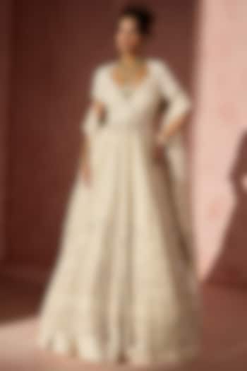 Ivory Organza Sequins Embroidered Jacket Bridal Lehenga Set by NITIKA GUJRAL at Pernia's Pop Up Shop