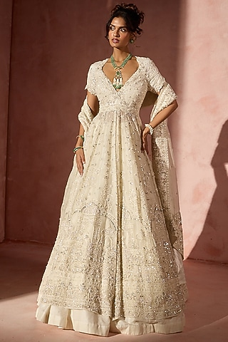 Ivory Organza Sequins Embroidered Jacket Lehenga Set by NITIKA GUJRAL