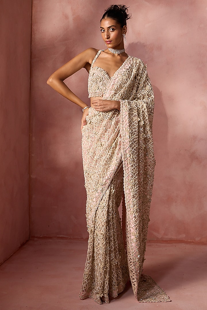Blush Pink Net Sequins Embroidered Bridal Saree Set by NITIKA GUJRAL at Pernia's Pop Up Shop