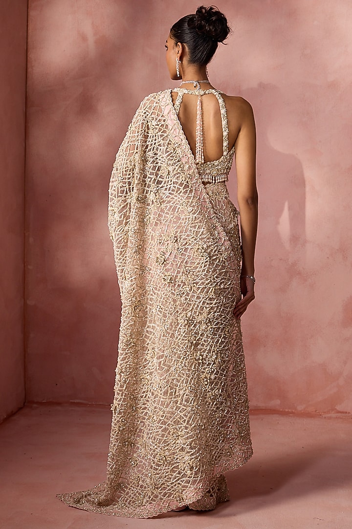 Blush Pink Net Sequins Embroidered Bridal Saree Set by NITIKA GUJRAL at Pernia's Pop Up Shop