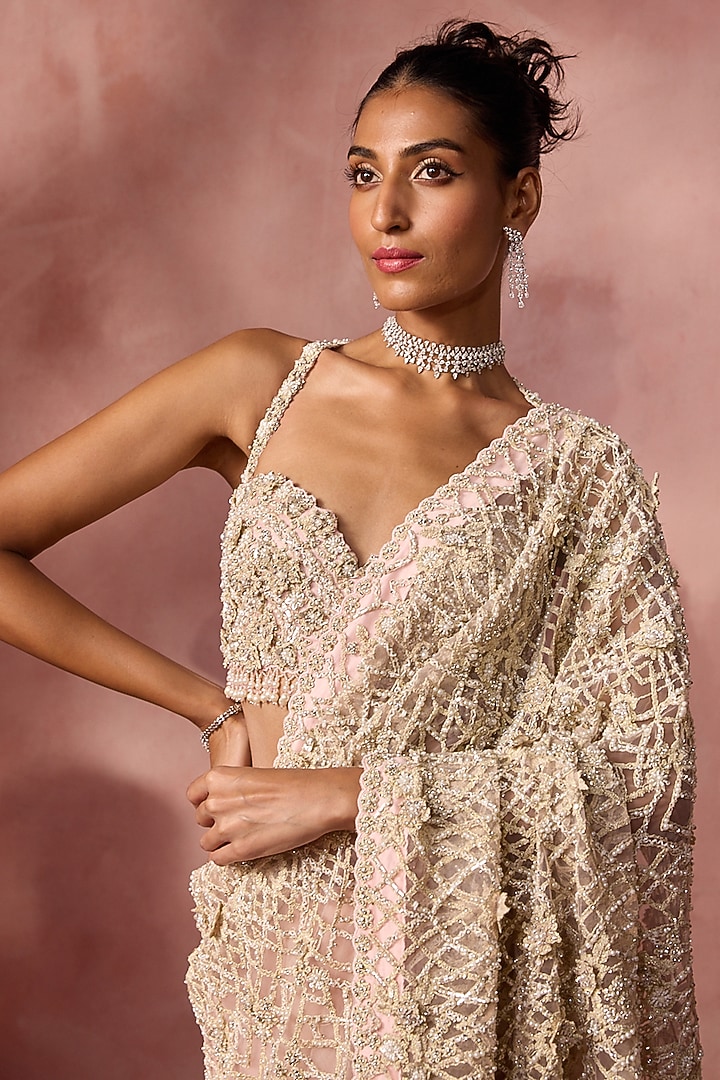 Blush Pink Net Sequins Embroidered Bridal Saree Set by NITIKA GUJRAL at Pernia's Pop Up Shop