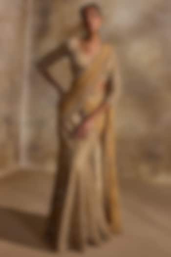 Golden Net Sequins Embroidered Pre-Draped Reception Saree Set by NITIKA GUJRAL at Pernia's Pop Up Shop