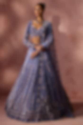 Ink Blue Net Sequins Embroidered Bridal Lehenga Set by NITIKA GUJRAL at Pernia's Pop Up Shop