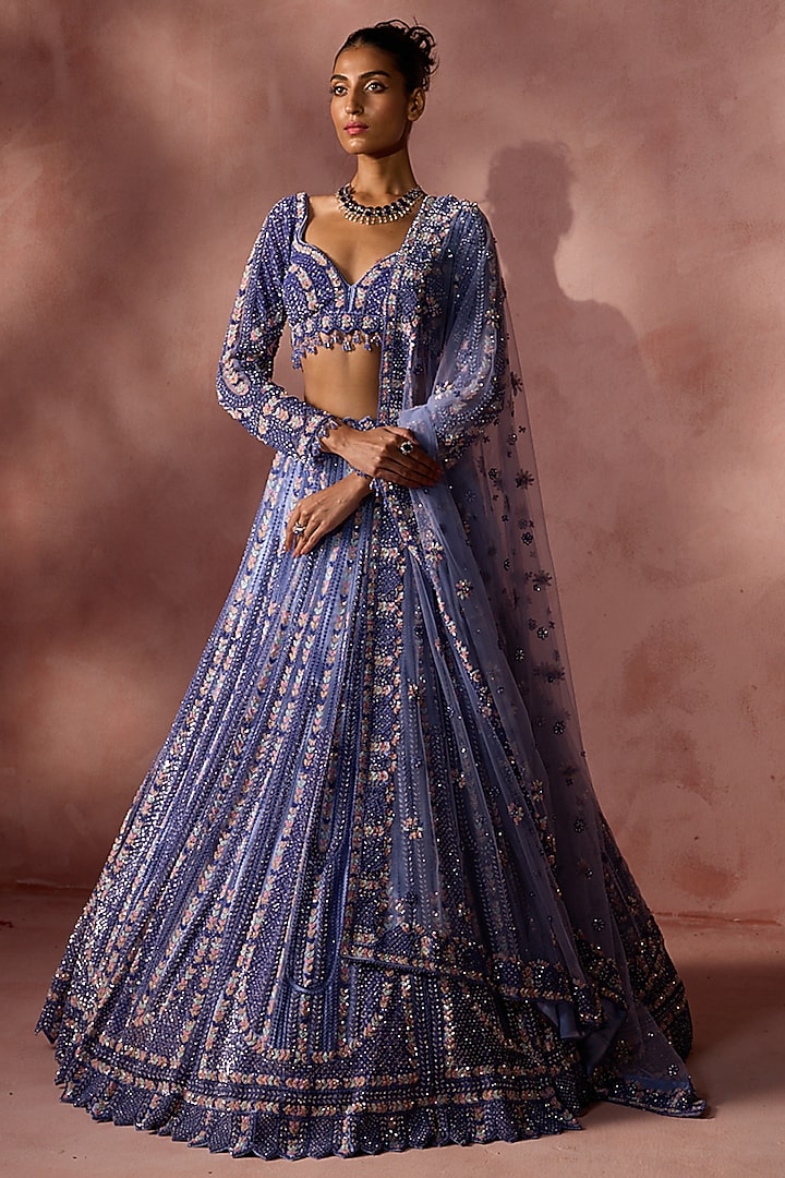 Ink Blue Net Sequins Embroidered Bridal Lehenga Set by NITIKA GUJRAL at Pernia's Pop Up Shop