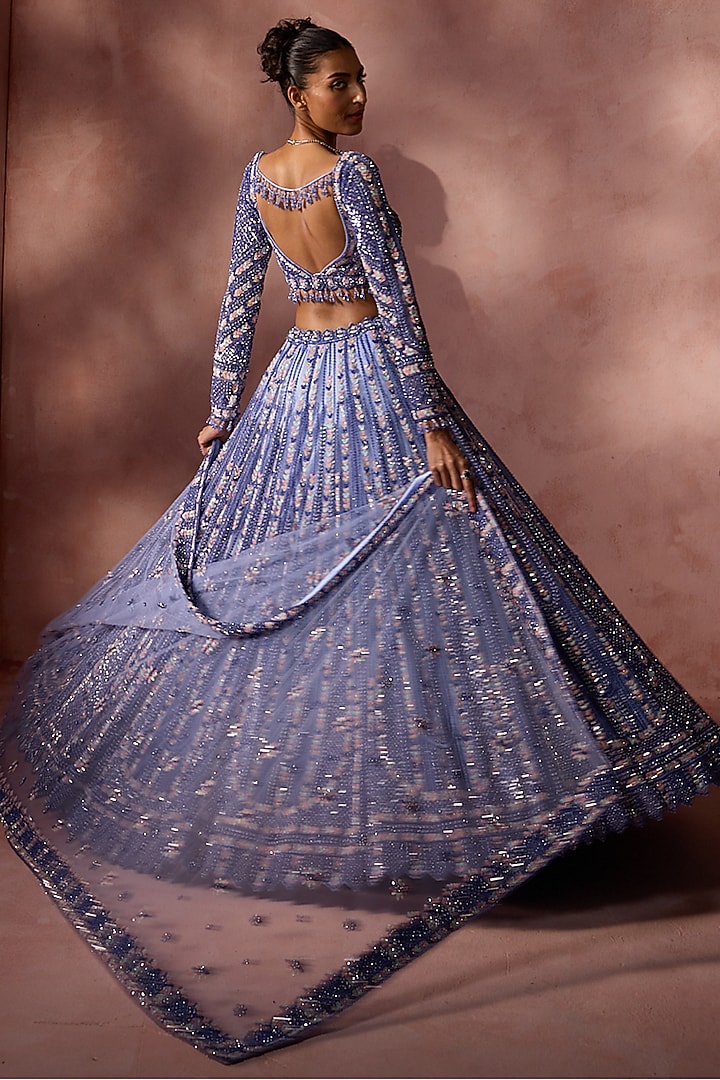 Ink Blue Net Sequins Embroidered Bridal Lehenga Set by NITIKA GUJRAL at Pernia's Pop Up Shop