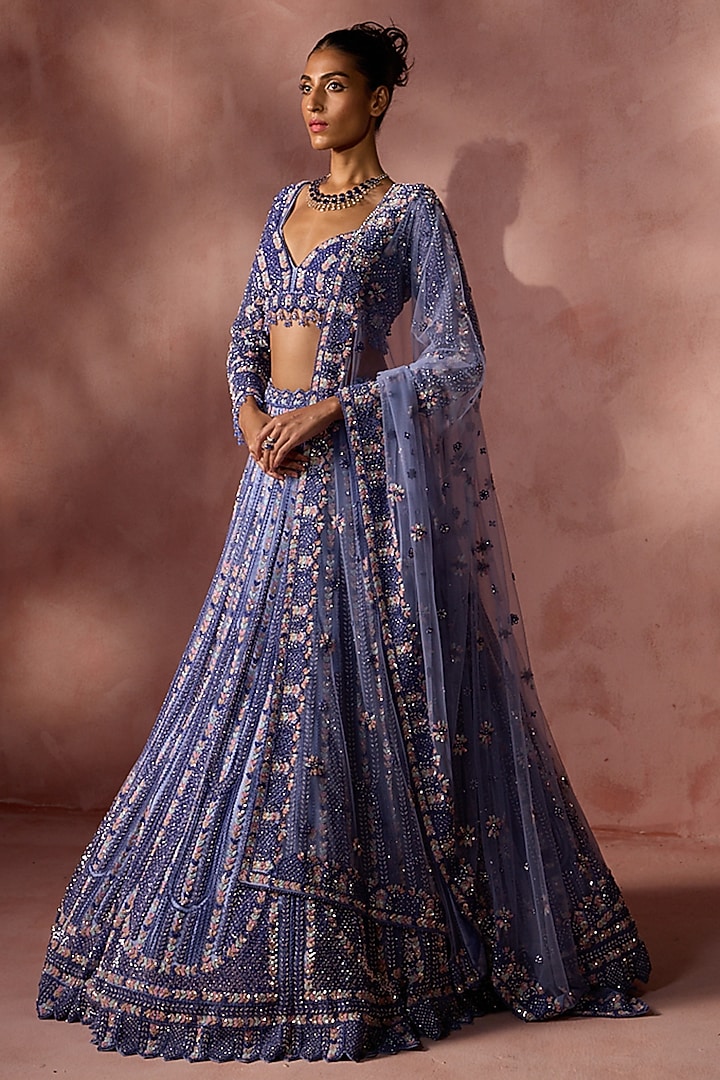 Ink Blue Net Sequins Embroidered Bridal Lehenga Set by NITIKA GUJRAL at Pernia's Pop Up Shop