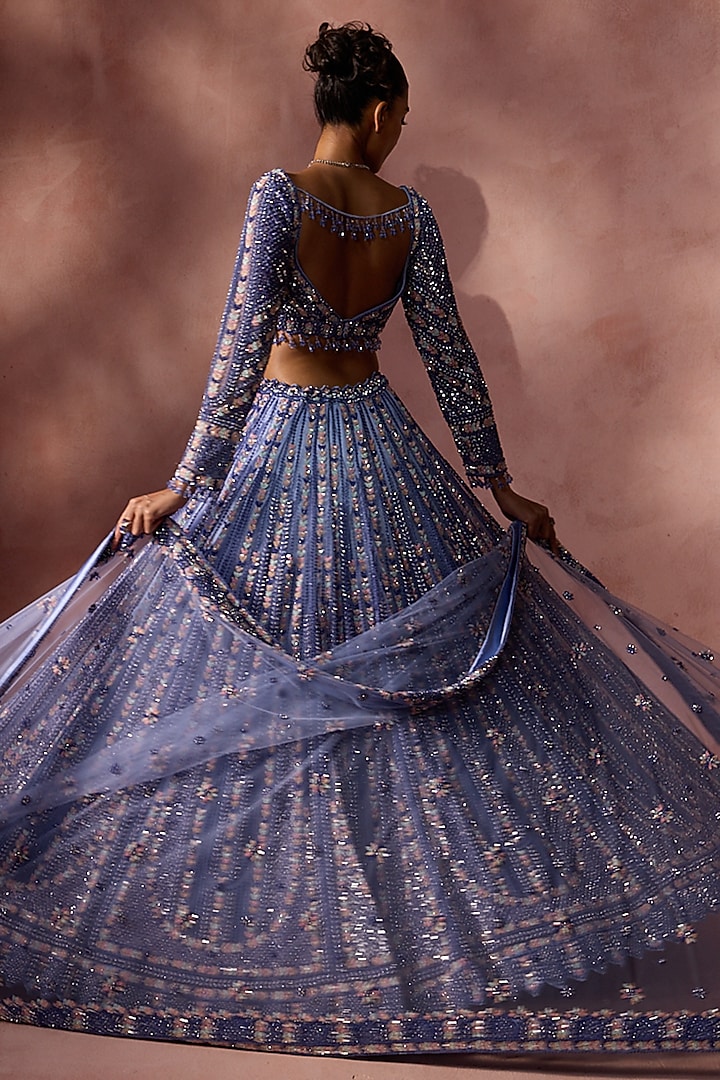 Ink Blue Net Sequins Embroidered Bridal Lehenga Set by NITIKA GUJRAL at Pernia's Pop Up Shop