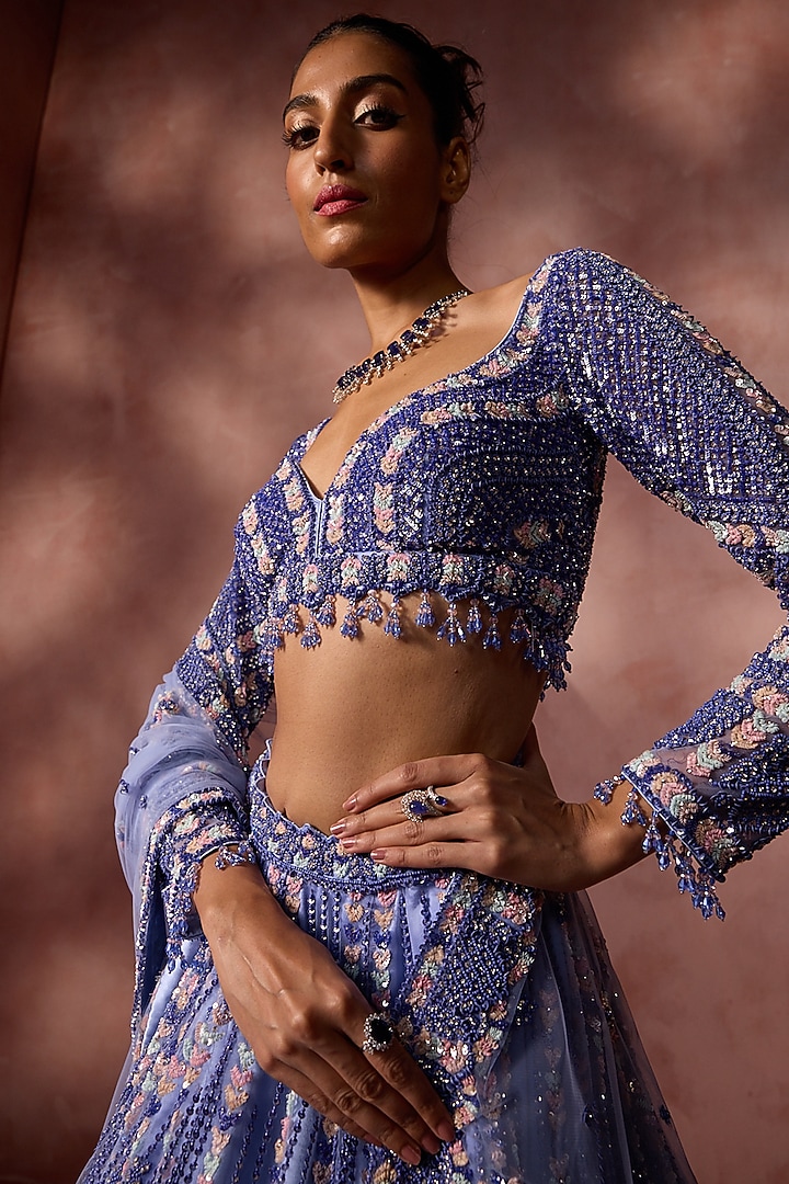 Ink Blue Net Sequins Embroidered Bridal Lehenga Set by NITIKA GUJRAL at Pernia's Pop Up Shop