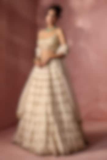 Cream Organza Sequins & Crystal Embroidered Bridal Lehenga Set by NITIKA GUJRAL at Pernia's Pop Up Shop