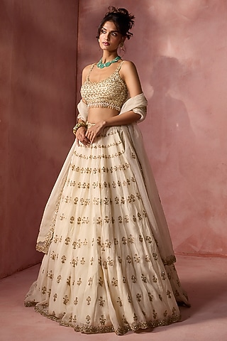 Cream Organza Sequins & Crystal Embroidered Lehenga Set by NITIKA GUJRAL