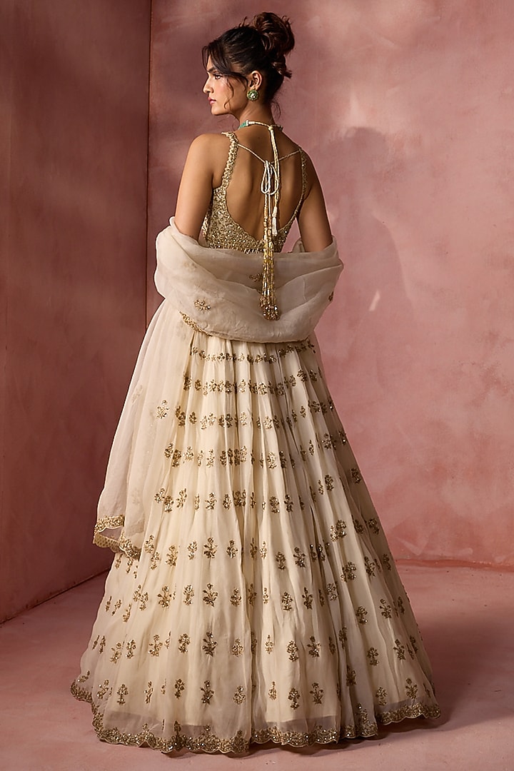 Cream Organza Sequins & Crystal Embroidered Bridal Lehenga Set by NITIKA GUJRAL at Pernia's Pop Up Shop