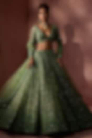 Sage Green Net Sequins Embroidered Bridal Lehenga Set by NITIKA GUJRAL at Pernia's Pop Up Shop
