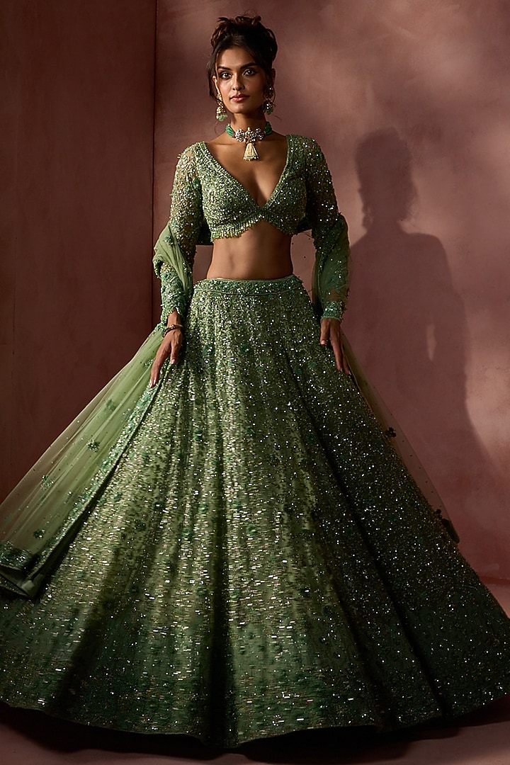 Sage Green Net Sequins Embroidered Bridal Lehenga Set by NITIKA GUJRAL at Pernia's Pop Up Shop