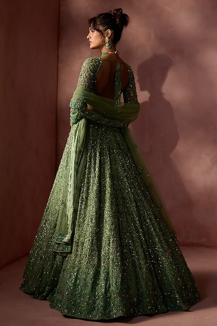Sage Green Net Sequins Embroidered Bridal Lehenga Set by NITIKA GUJRAL at Pernia's Pop Up Shop