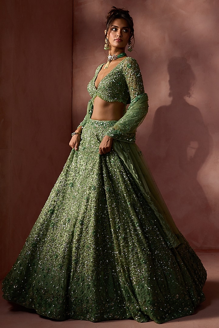 Sage Green Net Sequins Embroidered Bridal Lehenga Set by NITIKA GUJRAL at Pernia's Pop Up Shop