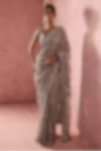 Silver Grey Net Sequins Embroidered Bridal Saree Set by NITIKA GUJRAL at Pernia's Pop Up Shop