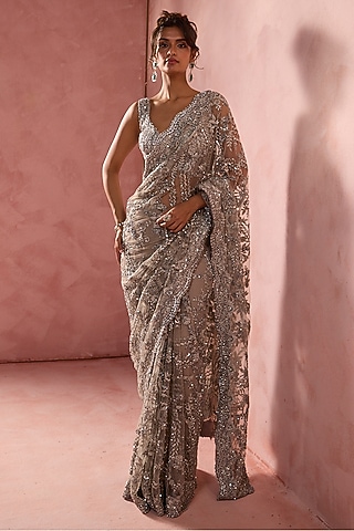 Silver Grey Net Sequins Embroidered Saree Set by NITIKA GUJRAL