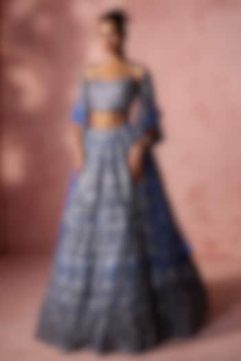 Petrol Blue Net Cutdana & Beads Embroidered Bridal Lehenga Set by NITIKA GUJRAL at Pernia's Pop Up Shop