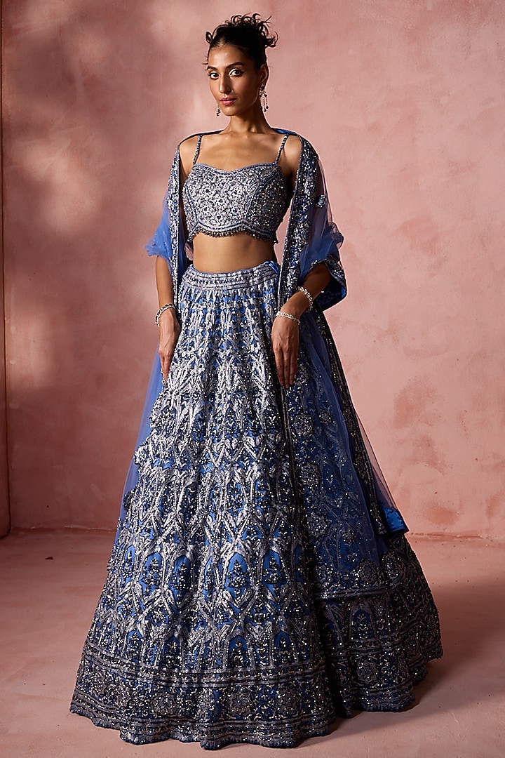 Petrol Blue Net Cutdana & Beads Embroidered Bridal Lehenga Set by NITIKA GUJRAL at Pernia's Pop Up Shop