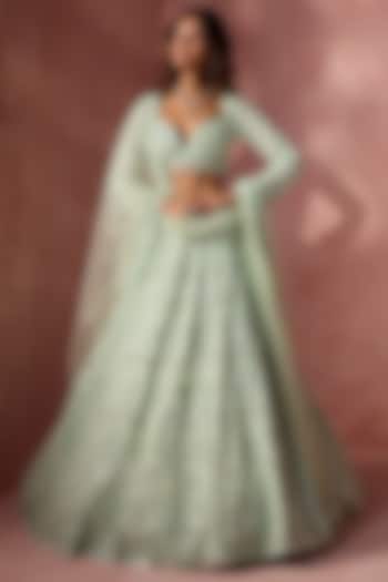 Sea Green Net Beads & Sequins Embroidered Bridal Lehenga Set by NITIKA GUJRAL at Pernia's Pop Up Shop