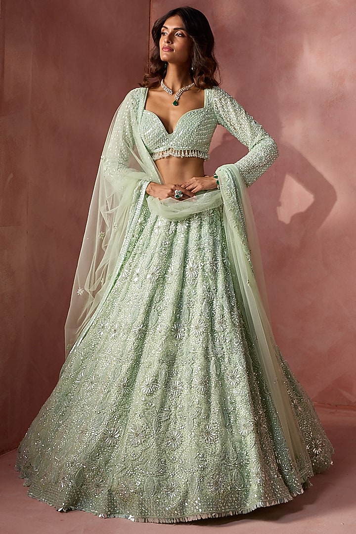 Sea Green Net Beads & Sequins Embroidered Bridal Lehenga Set by NITIKA GUJRAL at Pernia's Pop Up Shop