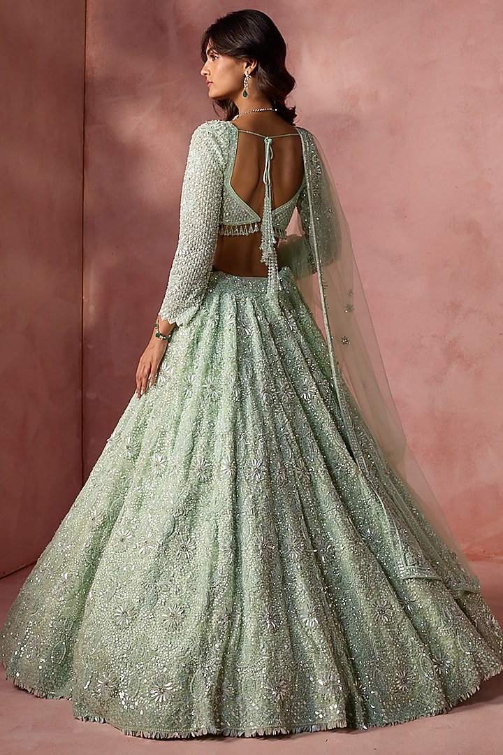 Sea Green Net Beads & Sequins Embroidered Bridal Lehenga Set by NITIKA GUJRAL at Pernia's Pop Up Shop