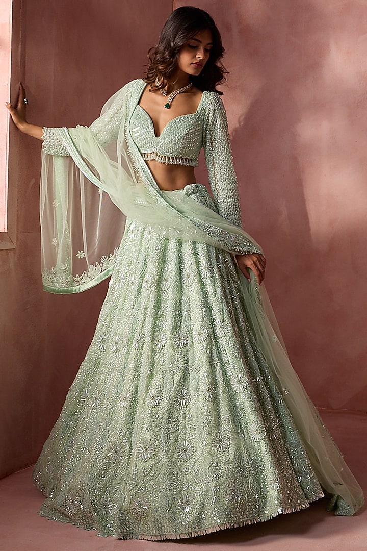 Sea Green Net Beads & Sequins Embroidered Bridal Lehenga Set by NITIKA GUJRAL at Pernia's Pop Up Shop
