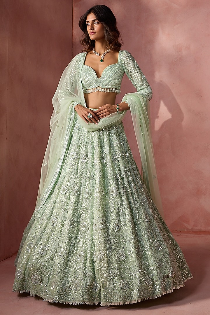Sea Green Net Beads & Sequins Embroidered Bridal Lehenga Set by NITIKA GUJRAL at Pernia's Pop Up Shop