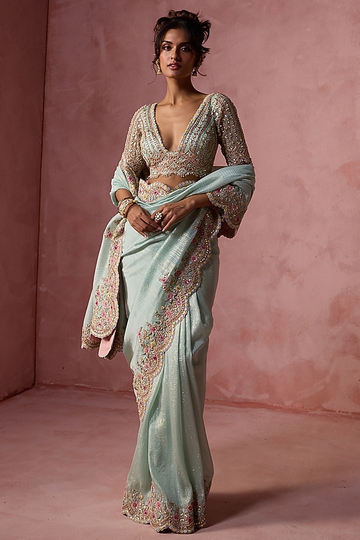 Aqua Lurex Georgette Sequins & Beads Embroidered Saree Set by NITIKA GUJRAL at Pernia's Pop Up Shop