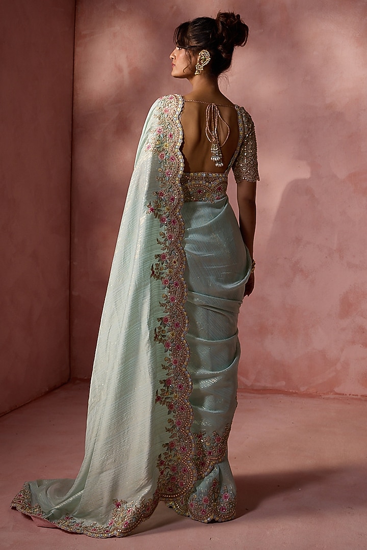 Aqua Lurex Georgette Sequins & Beads Embroidered Bridal Saree Set by NITIKA GUJRAL at Pernia's Pop Up Shop
