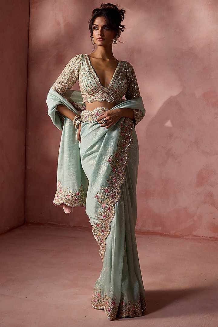 Aqua Lurex Georgette Sequins & Beads Embroidered Bridal Saree Set by NITIKA GUJRAL at Pernia's Pop Up Shop
