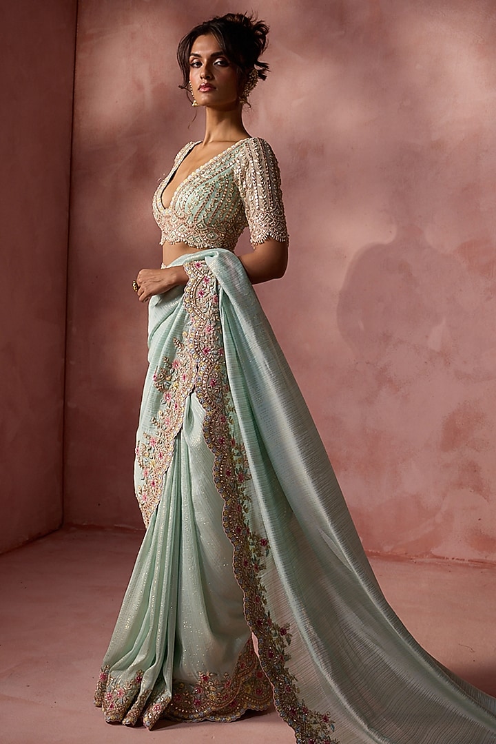 Aqua Lurex Georgette Sequins & Beads Embroidered Bridal Saree Set by NITIKA GUJRAL at Pernia's Pop Up Shop