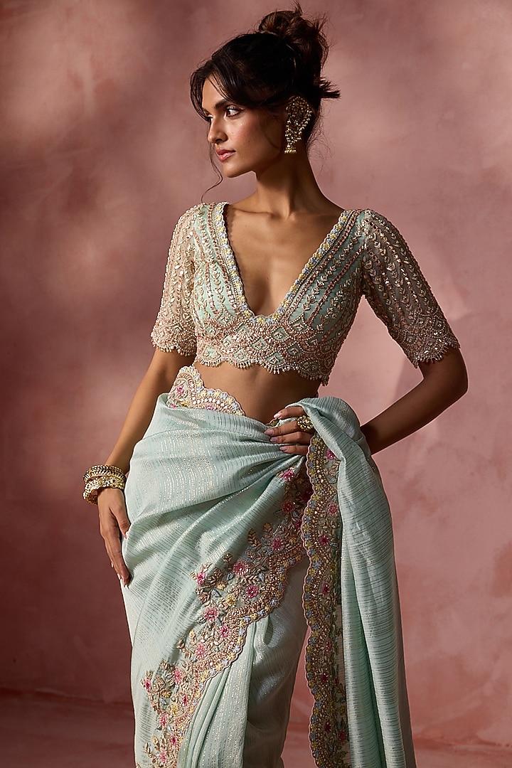 Aqua Lurex Georgette Sequins & Beads Embroidered Bridal Saree Set by NITIKA GUJRAL at Pernia's Pop Up Shop