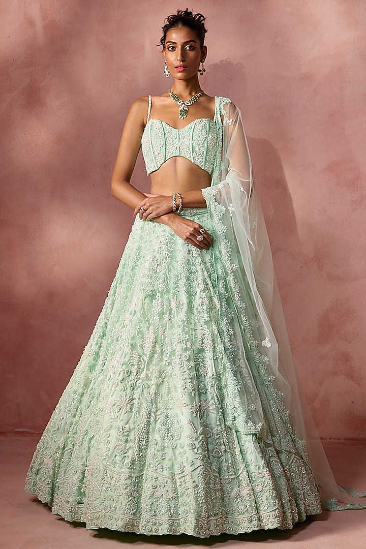 Sea Green Net Beads & Sequins Embroidered Bridal Lehenga Set by NITIKA GUJRAL at Pernia's Pop Up Shop