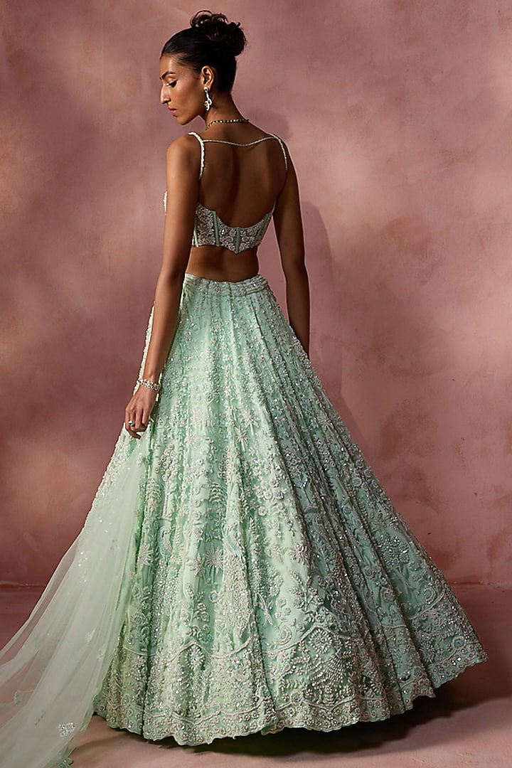 Sea Green Net Beads & Sequins Embroidered Bridal Lehenga Set by NITIKA GUJRAL at Pernia's Pop Up Shop